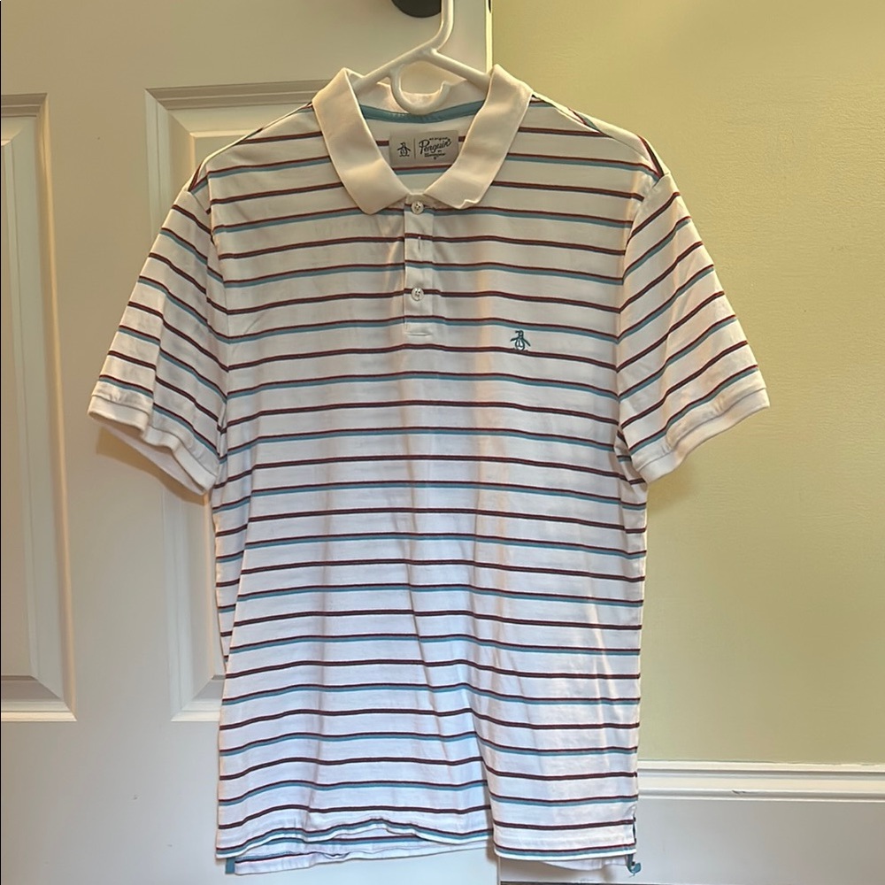 Original Penguin Men's Polo Shirt with White and Navy Stripes